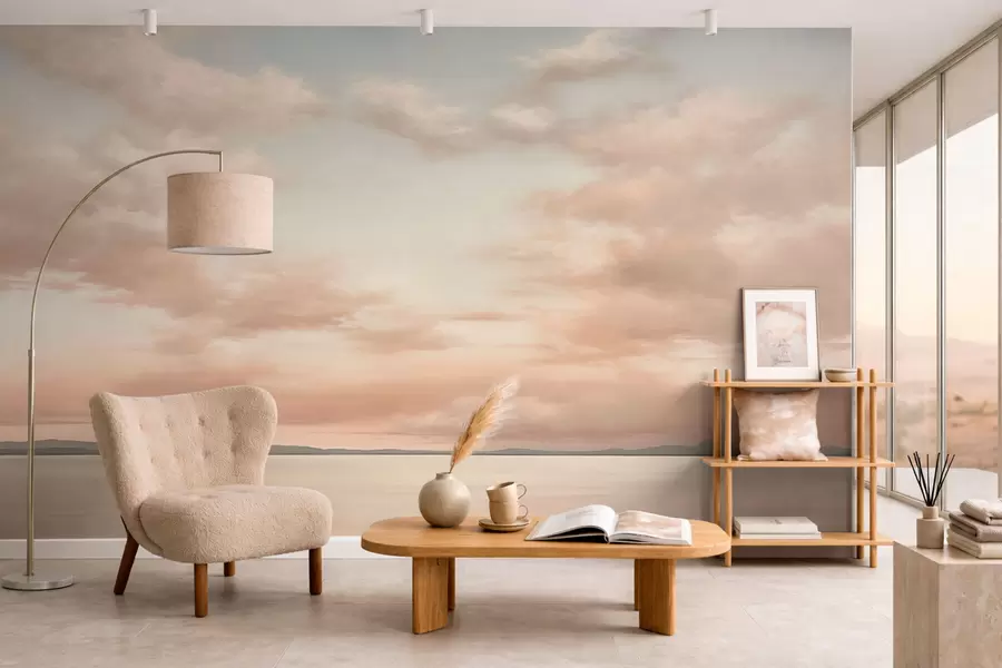 Papier peint Horizon marin minimaliste avec des nuages aux tons pastel w05516