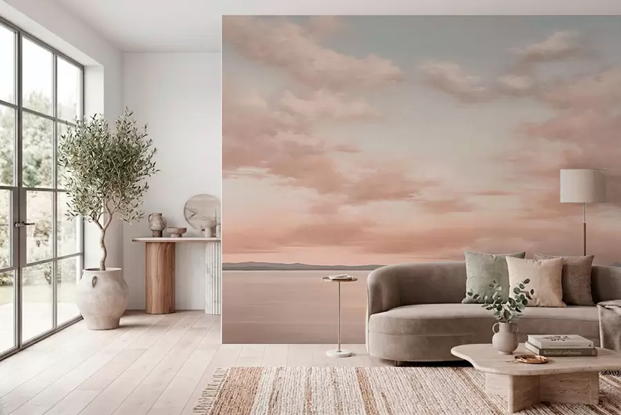 Papier peint Horizon marin minimaliste avec des nuages aux tons pastel w05516