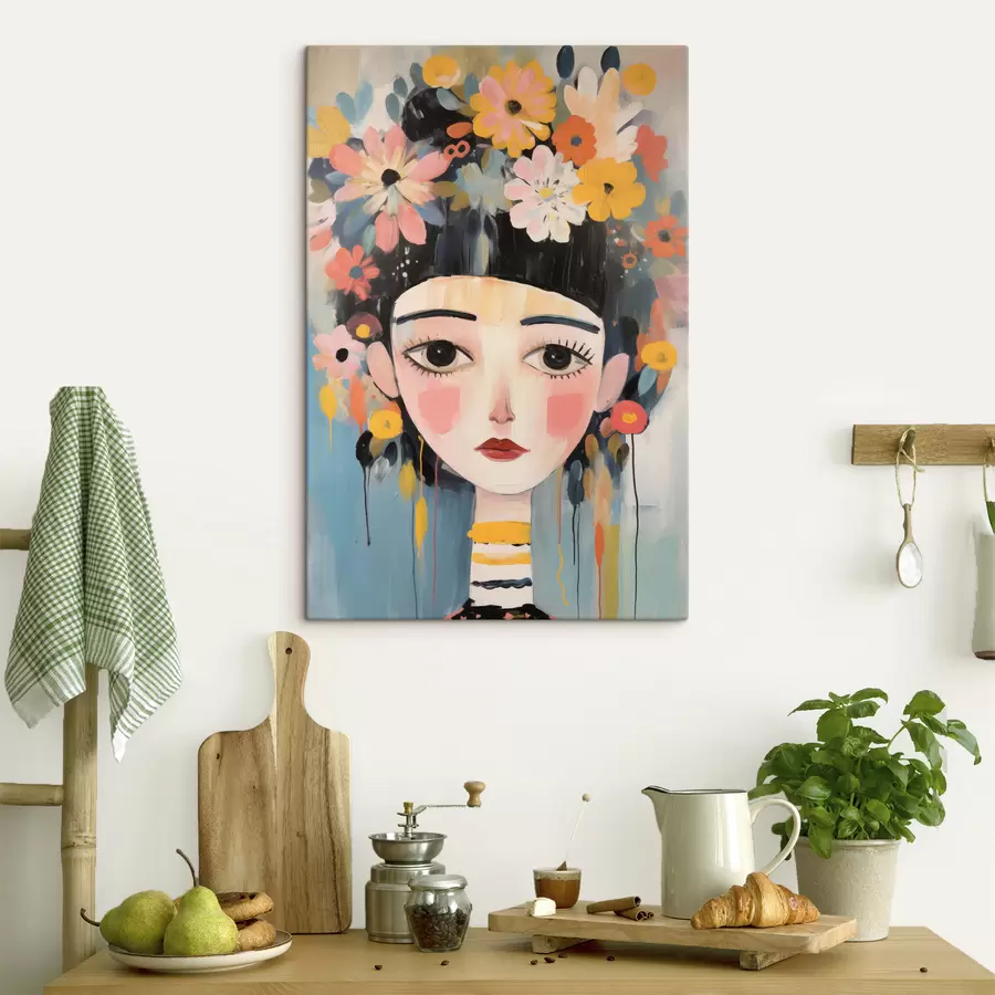 Tableau Portrait d'une femme avec des fleurs dans les cheveux, style abstrait s48935