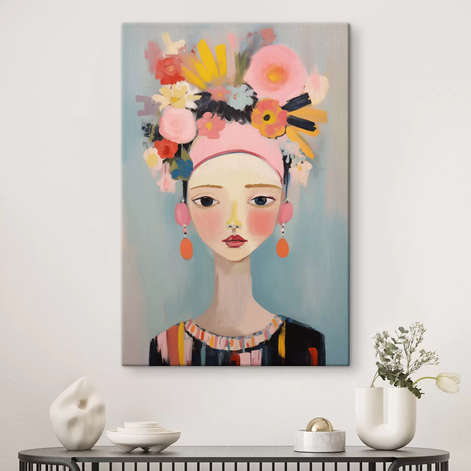 Tableau Portrait d'une femme avec des fleurs dans les cheveux, style abstrait s48936