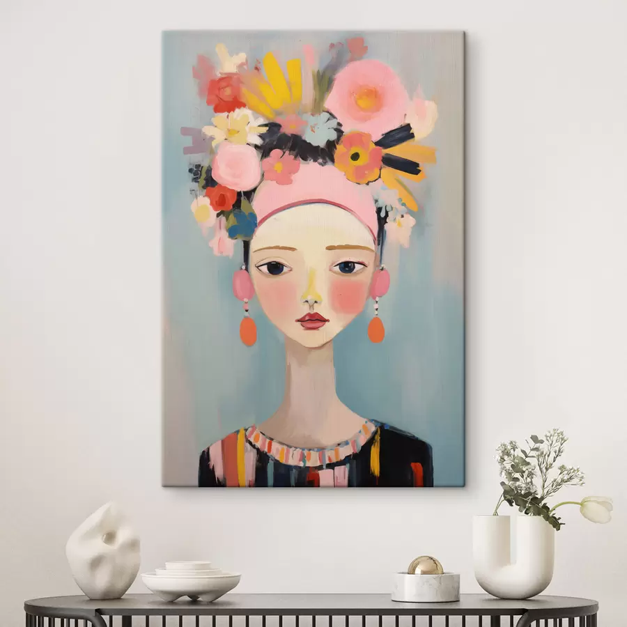 Tableau Portrait d'une femme avec des fleurs dans les cheveux, style abstrait s48936