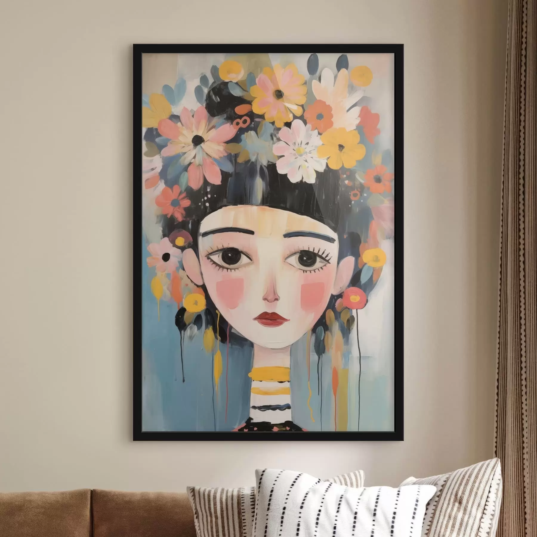 Tableau Portrait d'une femme avec des fleurs dans les cheveux, style abstrait f48935