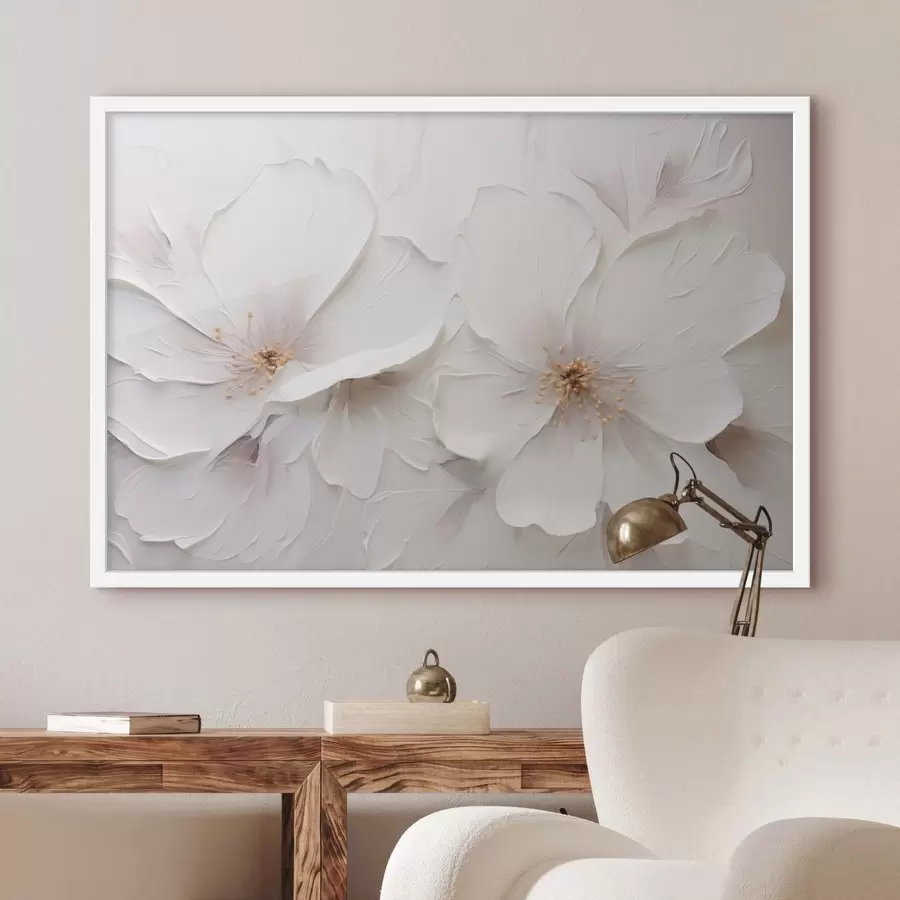 Papier peint Fleurs blanches en relief dans un style minimaliste, avec des ombres douces f48796