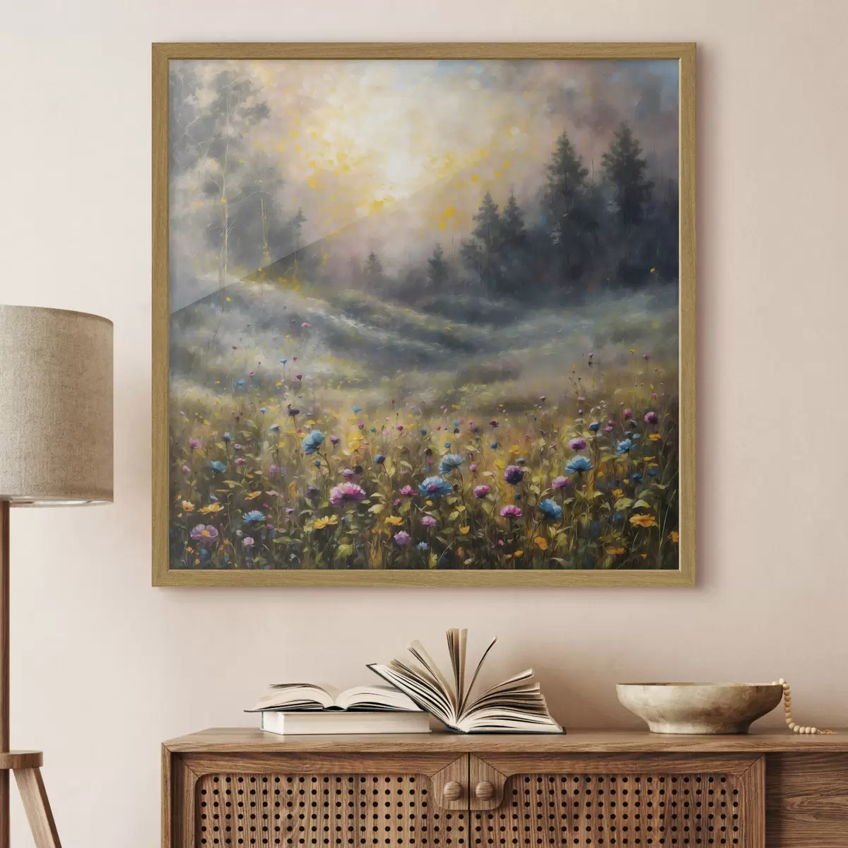 Poster Champ de fleurs impressionniste baigné d'une lumière chaude f48802