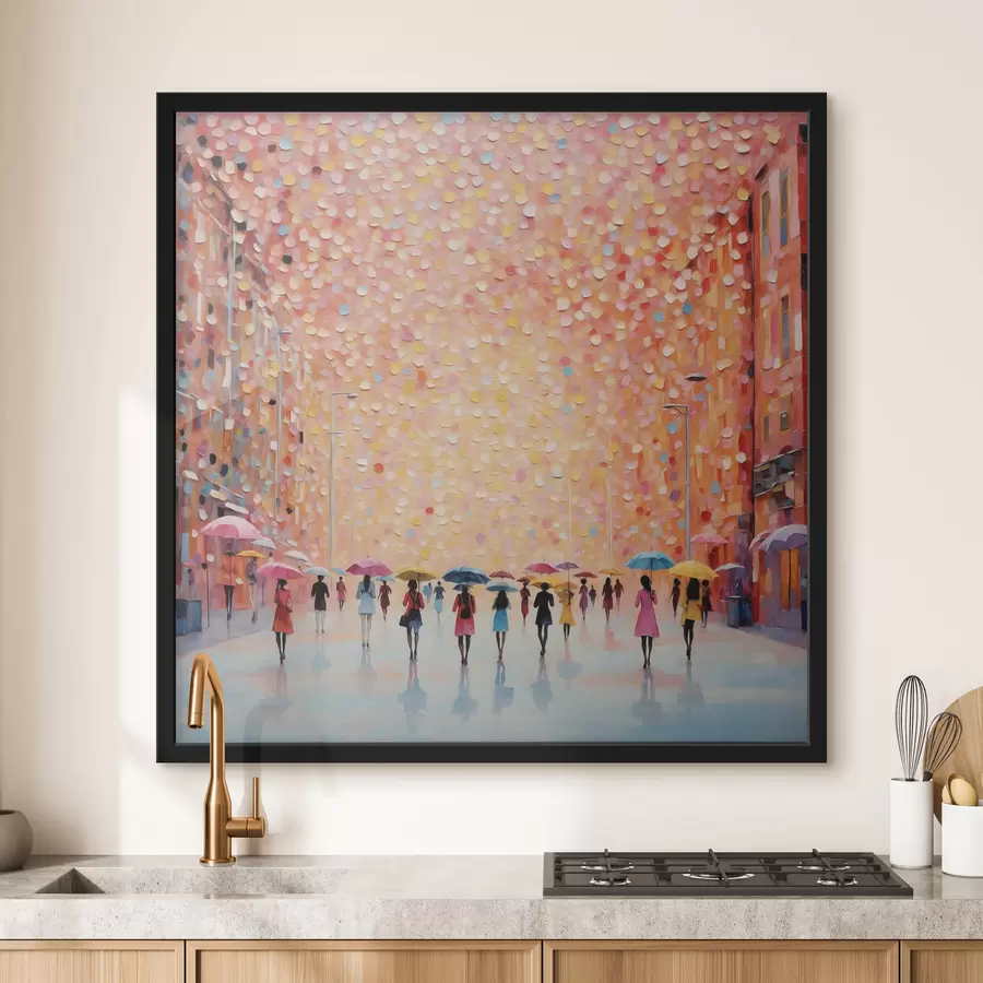 Papier peint Scène urbaine impressionniste avec des parapluies et des reflets f48803