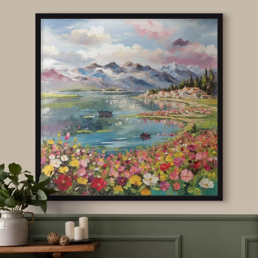 Papier peint Lac de montagne de style impressionniste avec des bateaux et des fleurs f48806