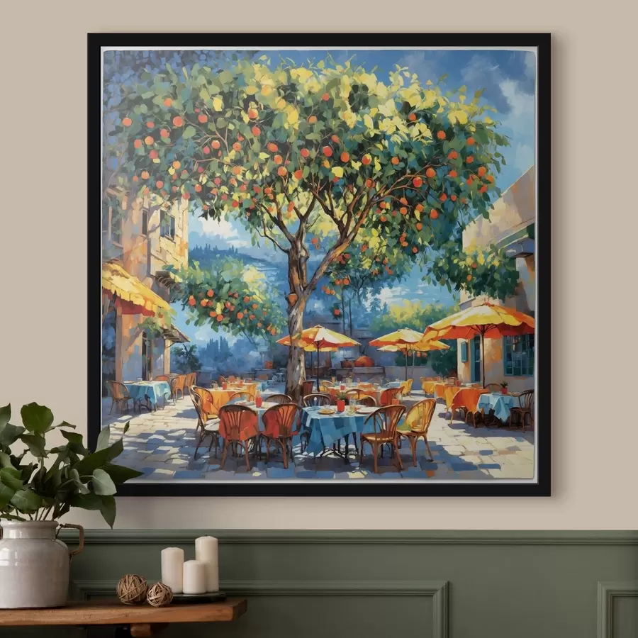 Papier peint Cour d'un café de style impressionniste avec un arbre et des parasols f48811