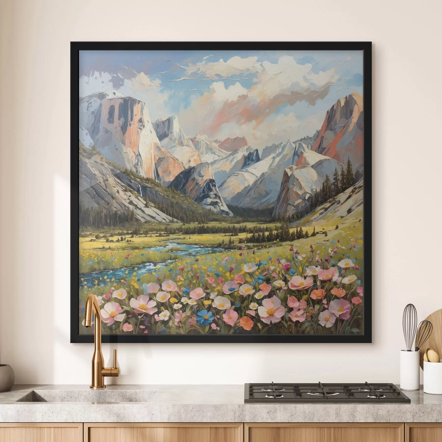 Papier peint Impressionnisme : vallée de montagne avec rivière et fleurs f48812