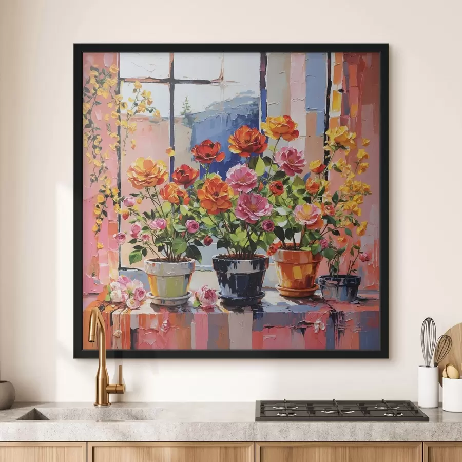 Papier peint Fleurs en pot de style impressionniste sur un rebord de fenêtre f48816