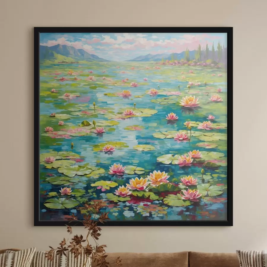 Papier peint Impressionnisme : l'étang aux nénuphars avec des montagnes au loin f48820