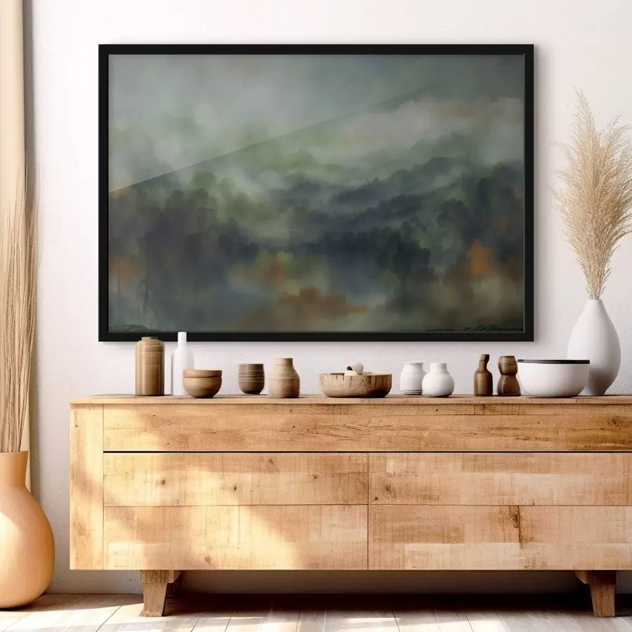 Papier peint Paysage de forêt brumeuse aux tons verts f48821