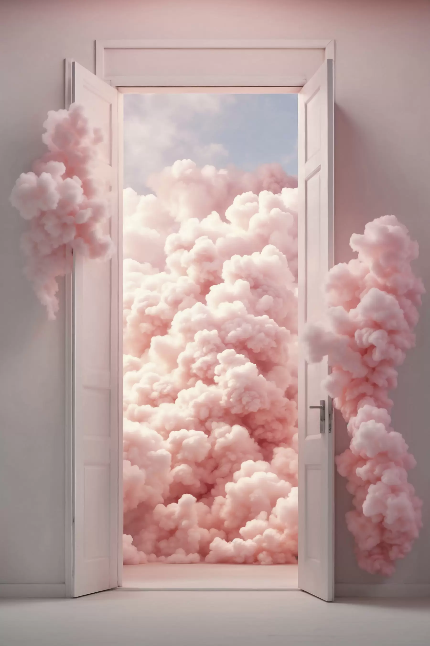 Papier peint Porte surréaliste avec des nuages roses à l'intérieur f48823