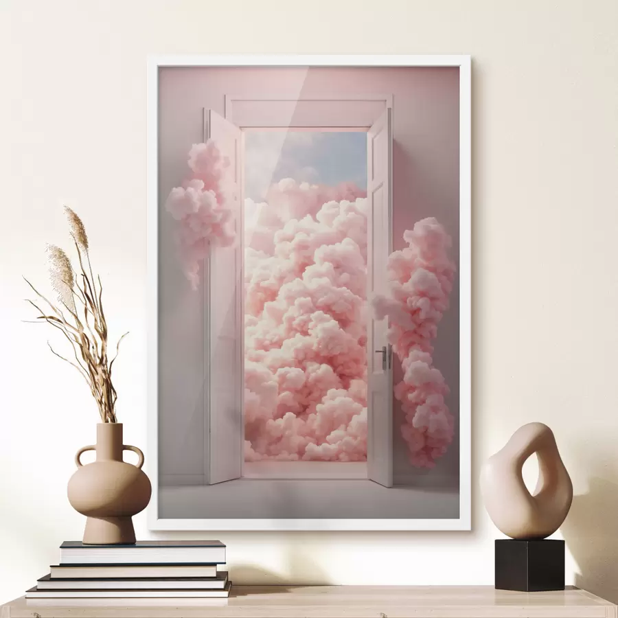 Papier peint Porte surréaliste avec des nuages roses à l'intérieur f48823