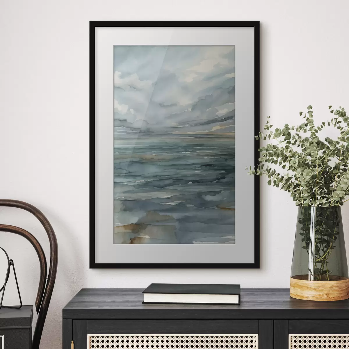 Poster Aquarelle représentant une mer calme sous un ciel nuageux f48824