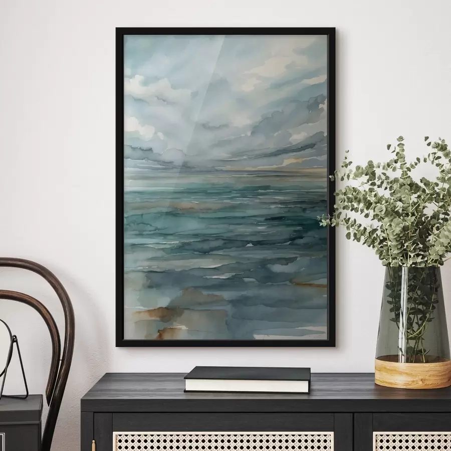 Papier peint Aquarelle représentant une mer calme sous un ciel nuageux f48824