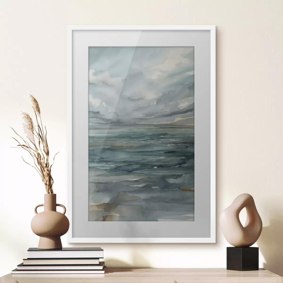 Poster Aquarelle représentant une mer calme sous un ciel nuageux f48824