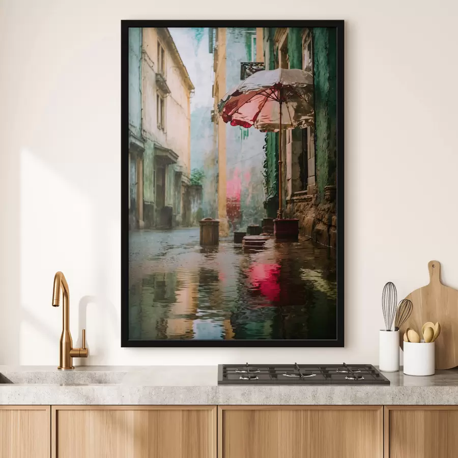 Papier peint Réaliste : rue pluvieuse avec un parapluie et des reflets f48829