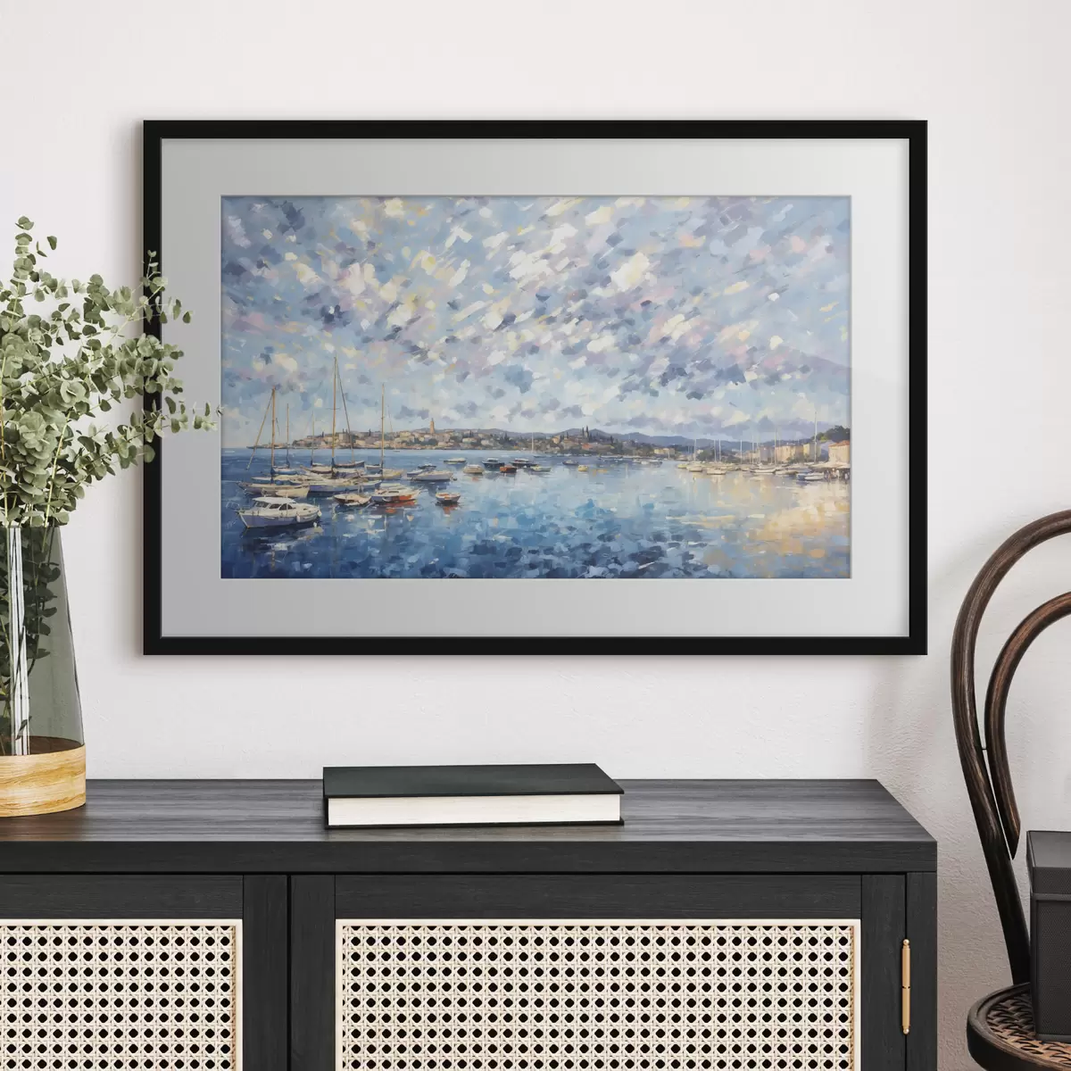 Poster Port impressionniste avec des bateaux et une ville f48831
