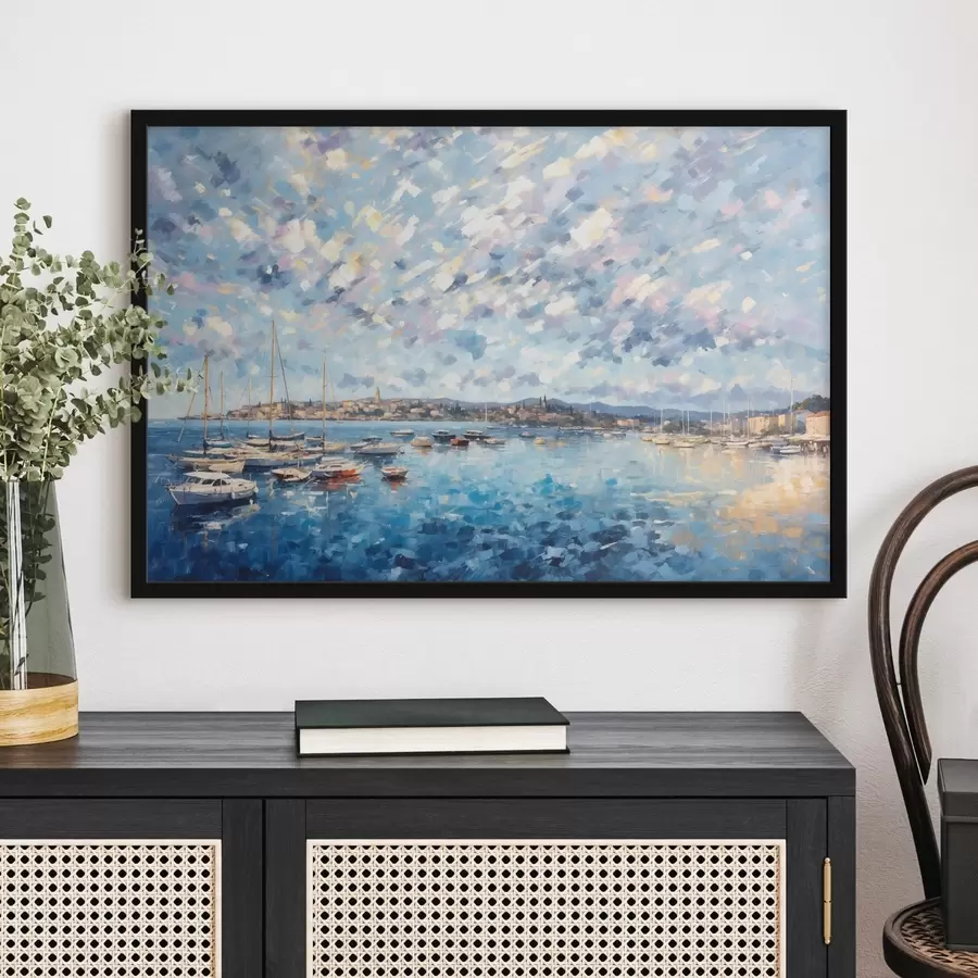 Papier peint Port impressionniste avec des bateaux et une ville f48831