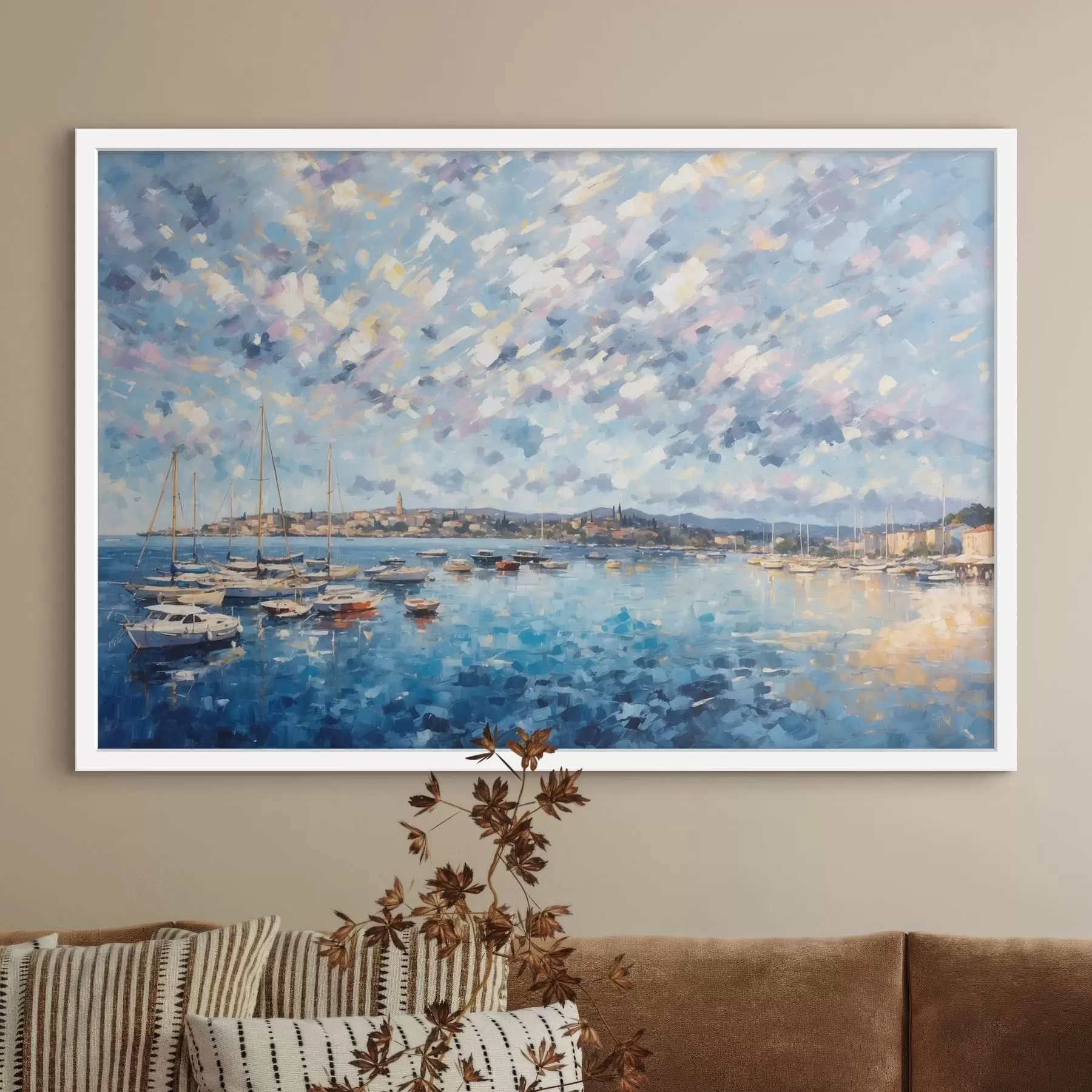 Papier peint Port impressionniste avec des bateaux et une ville f48831