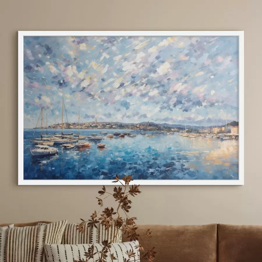 Papier peint Port impressionniste avec des bateaux et une ville f48831