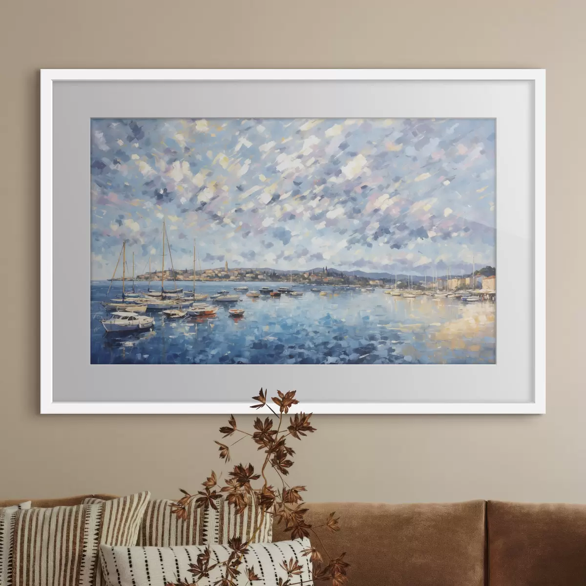 Poster Port impressionniste avec des bateaux et une ville f48831