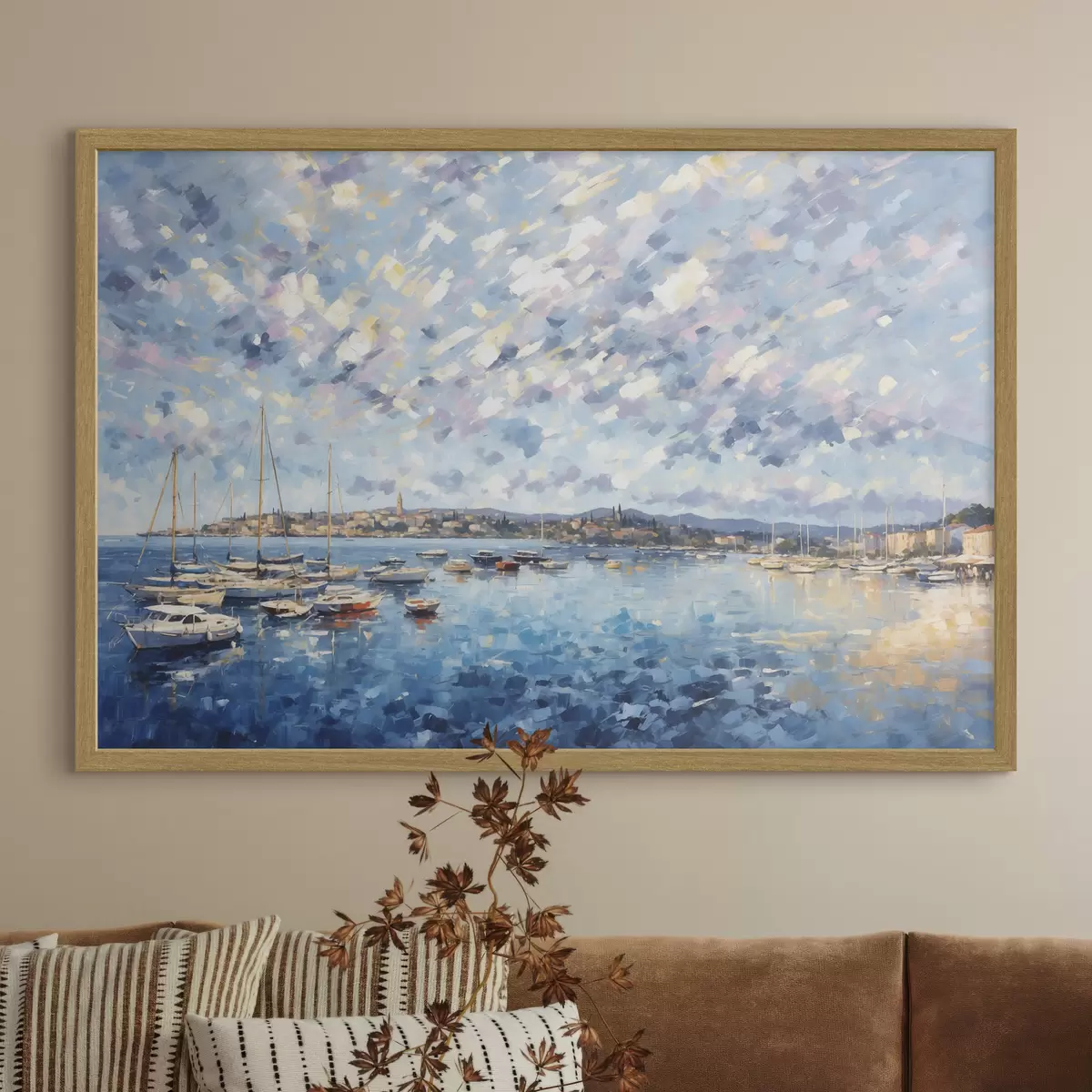 Poster Port impressionniste avec des bateaux et une ville f48831