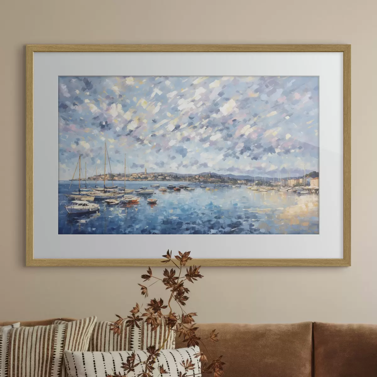 Poster Port impressionniste avec des bateaux et une ville f48831
