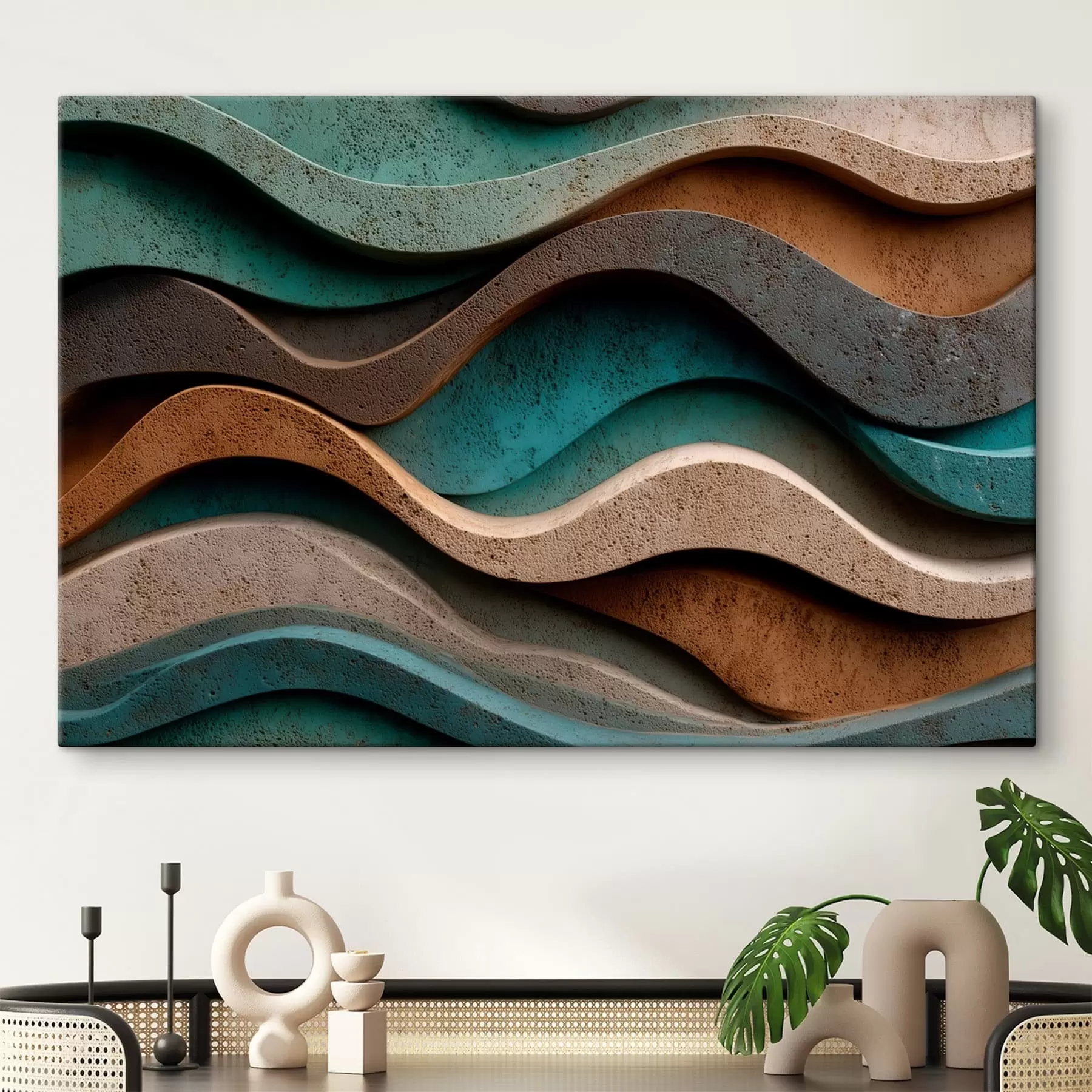 Tableau Motifs abstraits ondulés dans des tons bleu sarcelle et terre cuite s48797