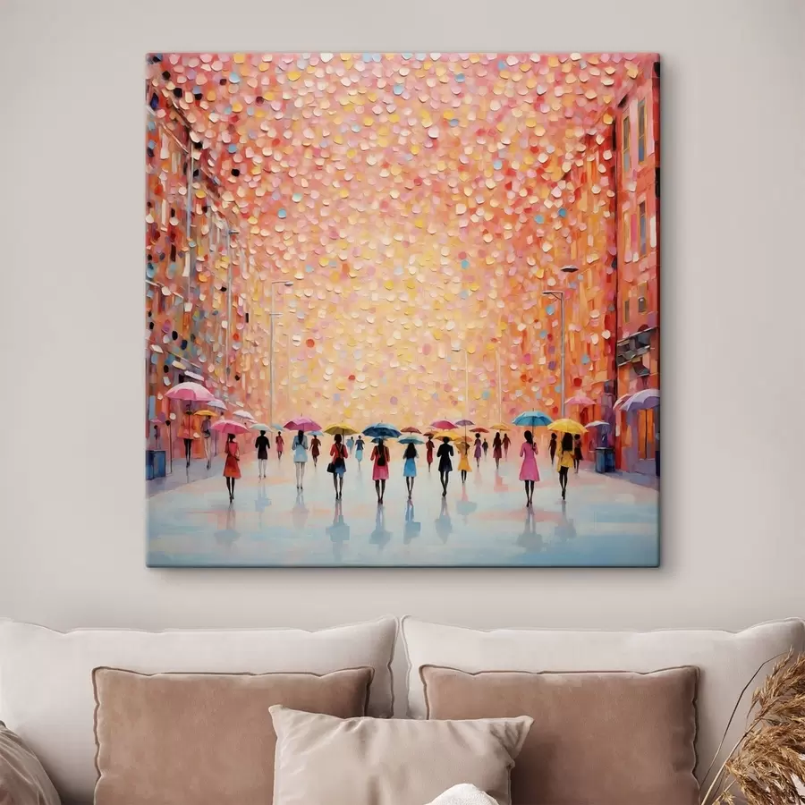 Tableau Scène urbaine impressionniste avec des parapluies et des reflets s48803