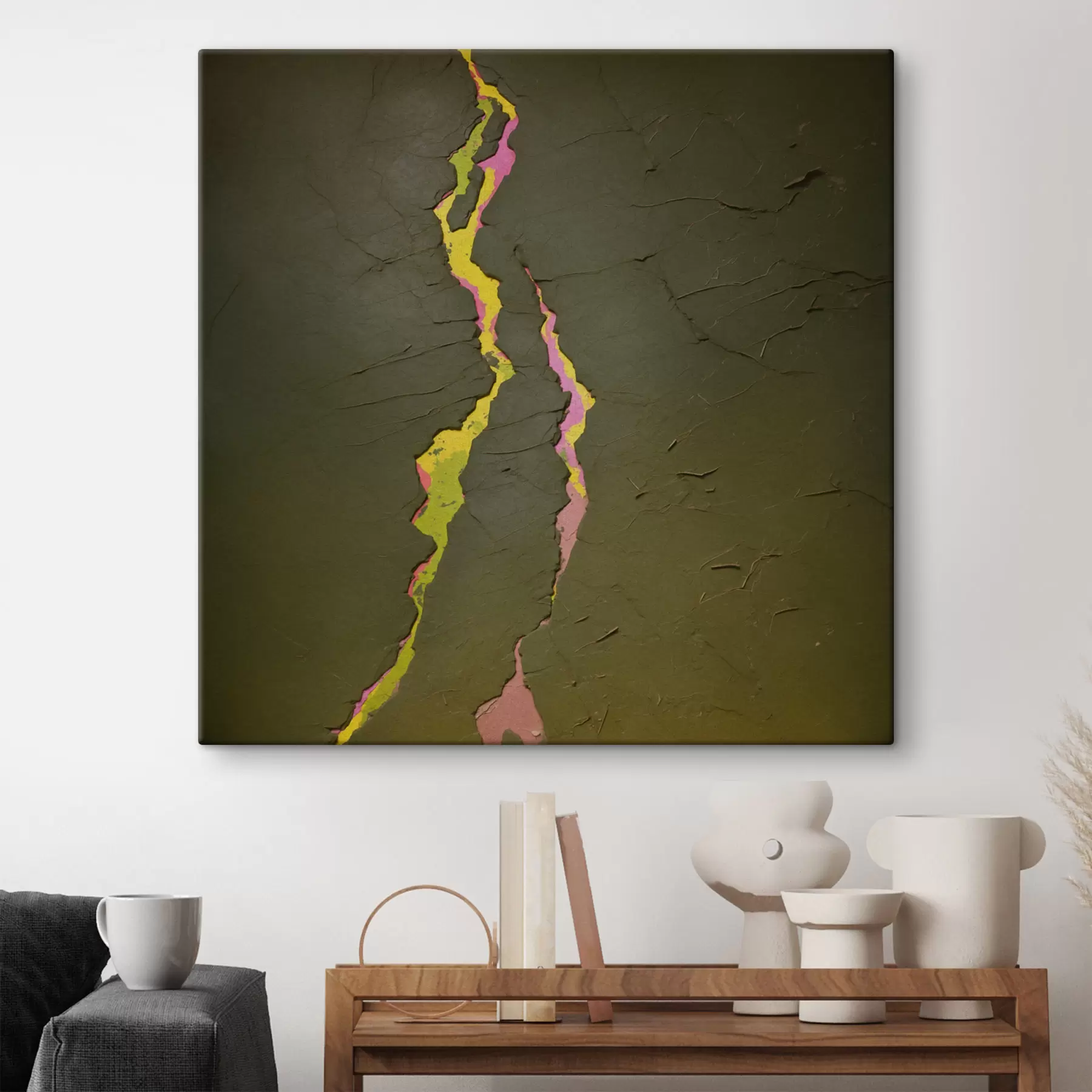 Tableau Fissure abstraite aux couches éclatantes sous une surface sombre s48805