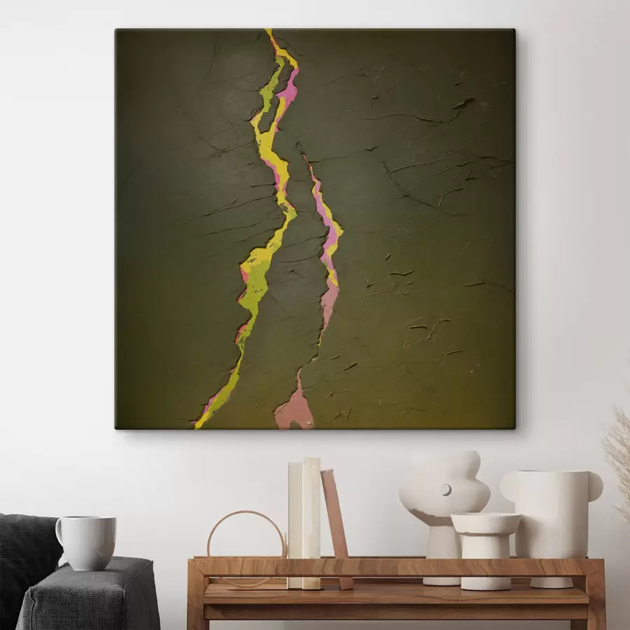 Tableau Fissure abstraite aux couches éclatantes sous une surface sombre s48805