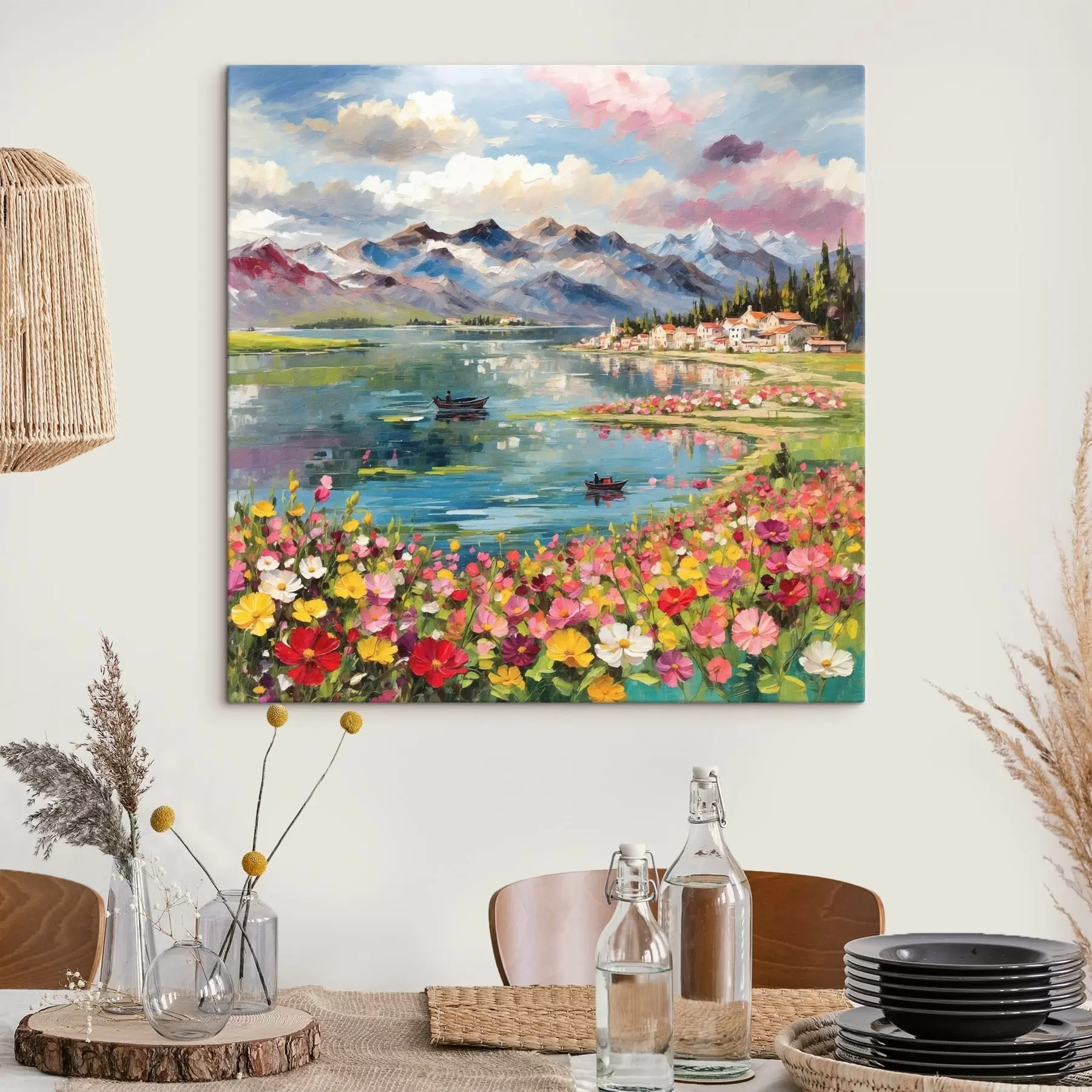 Tableau Lac de montagne de style impressionniste avec des bateaux et des fleurs s48806