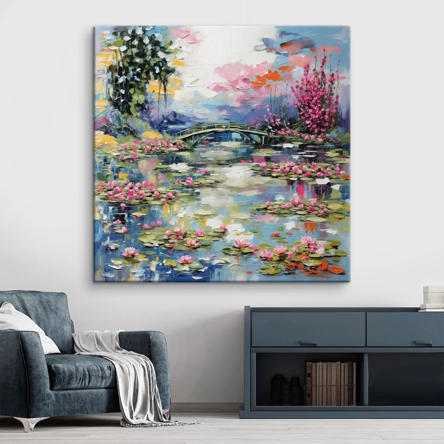 Tableau Pont impressionniste au-dessus d'un étang parsemé de nénuphars et de fleurs s48807