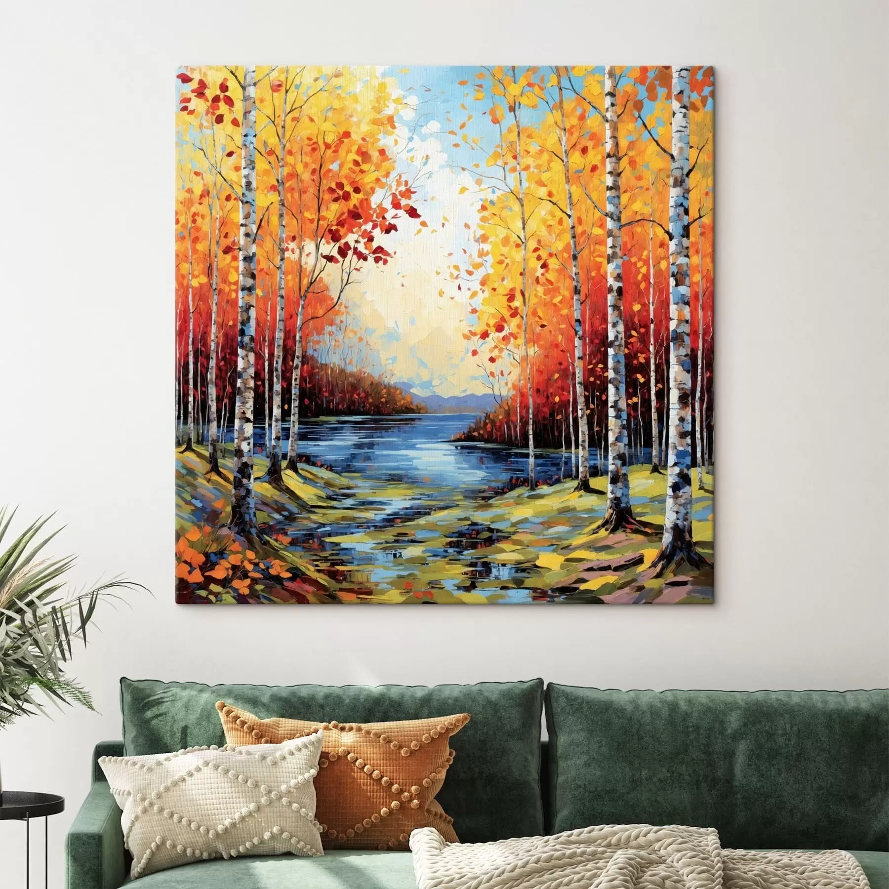 Tableau Impressionnisme : forêt de bouleaux en automne avec une rivière s48809