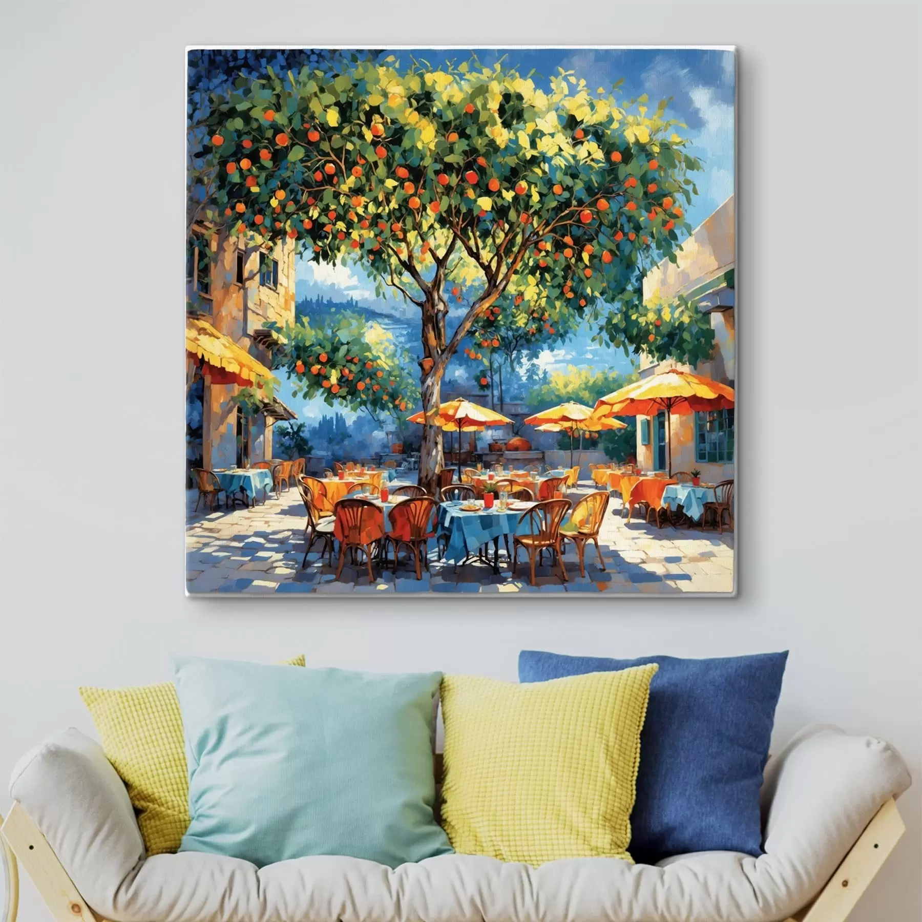Tableau Cour d'un café de style impressionniste avec un arbre et des parasols s48811