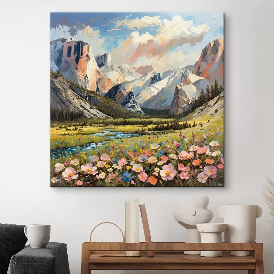 Tableau Impressionnisme : vallée de montagne avec rivière et fleurs s48812