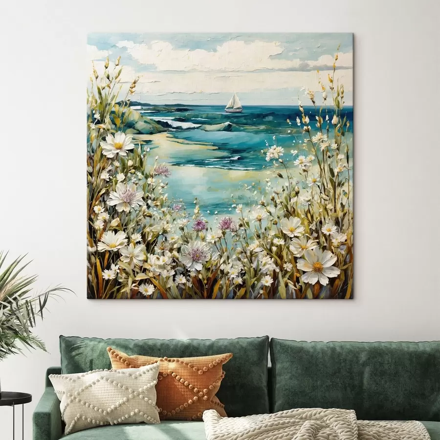 Tableau Impressionnisme : bord de mer avec voilier et fleurs s48813