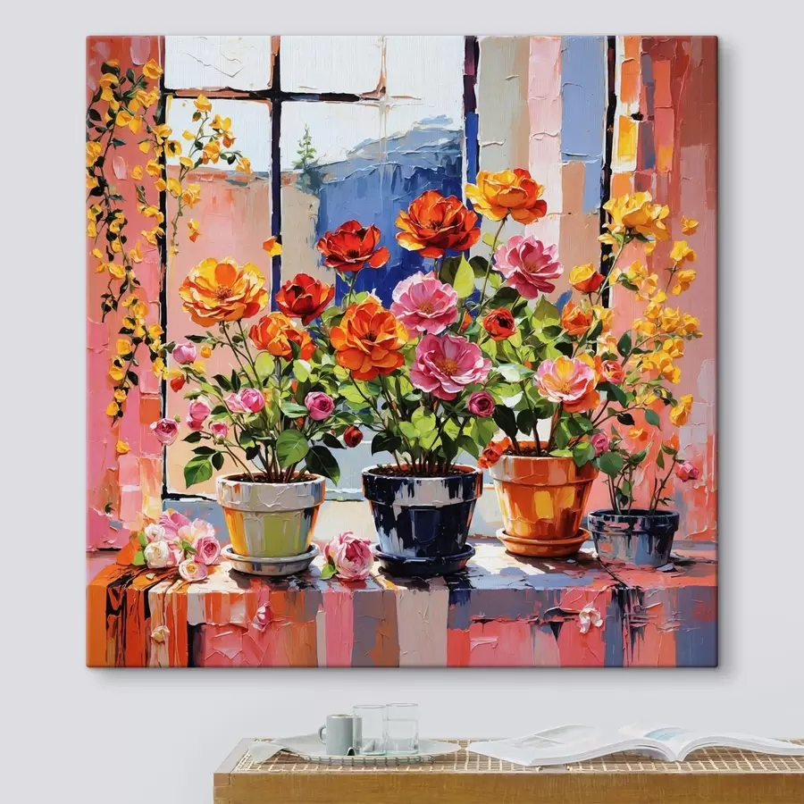 Tableau Fleurs en pot de style impressionniste sur un rebord de fenêtre s48816
