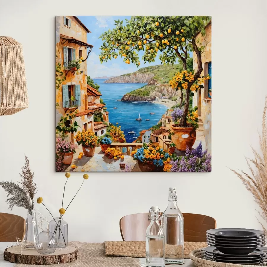 Tableau Village côtier de style impressionniste avec un citronnier s48818