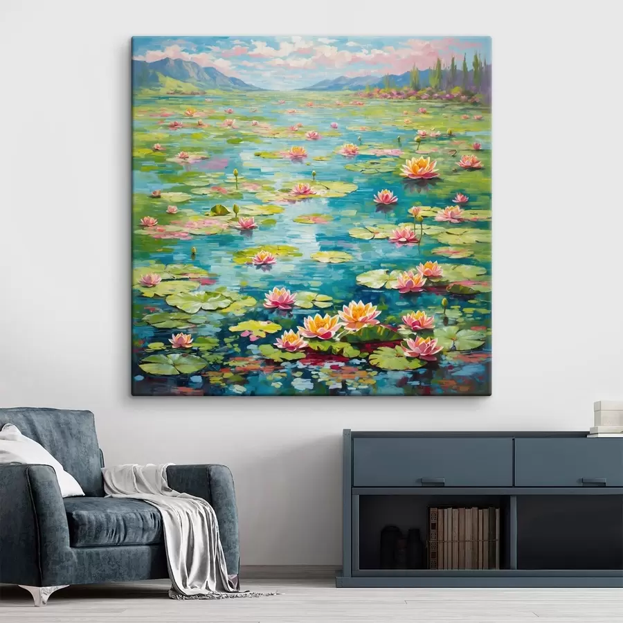 Tableau Impressionnisme : l'étang aux nénuphars avec des montagnes au loin s48820