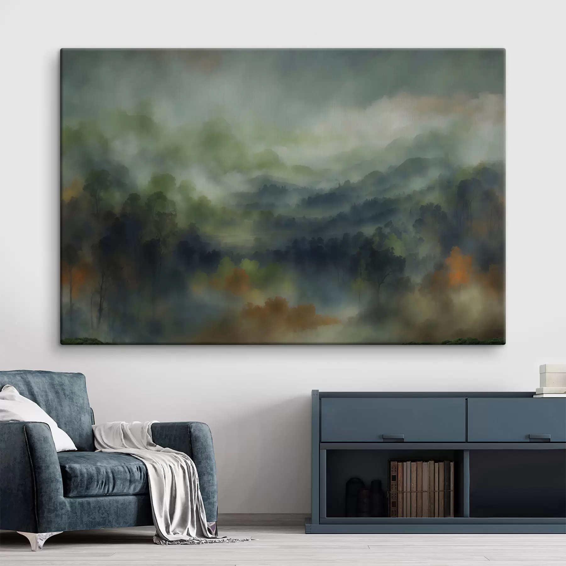 Tableau Paysage de forêt brumeuse aux tons verts s48821