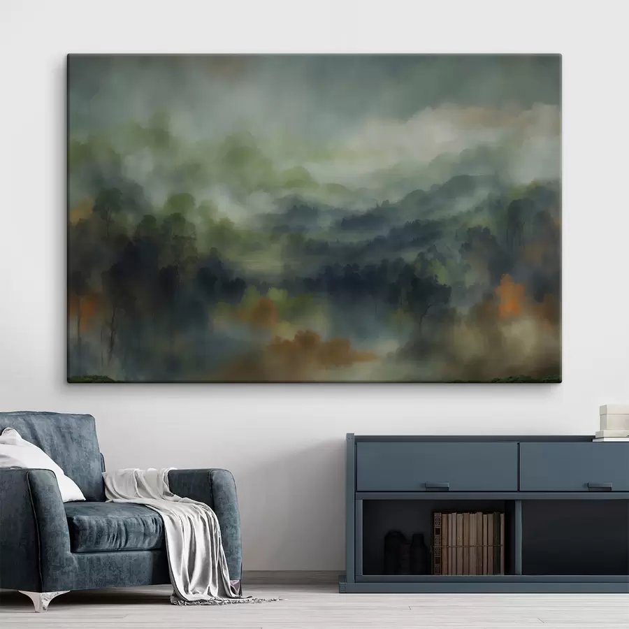 Tableau Paysage de forêt brumeuse aux tons verts s48821