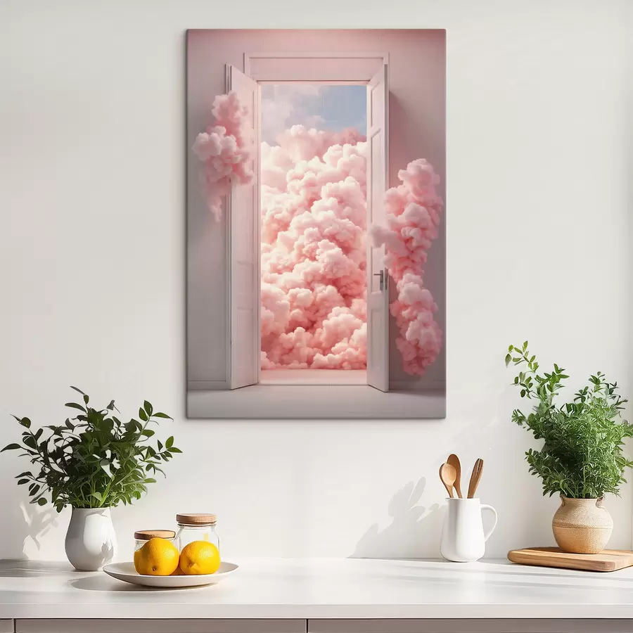 Tableau Porte surréaliste avec des nuages roses à l'intérieur s48823
