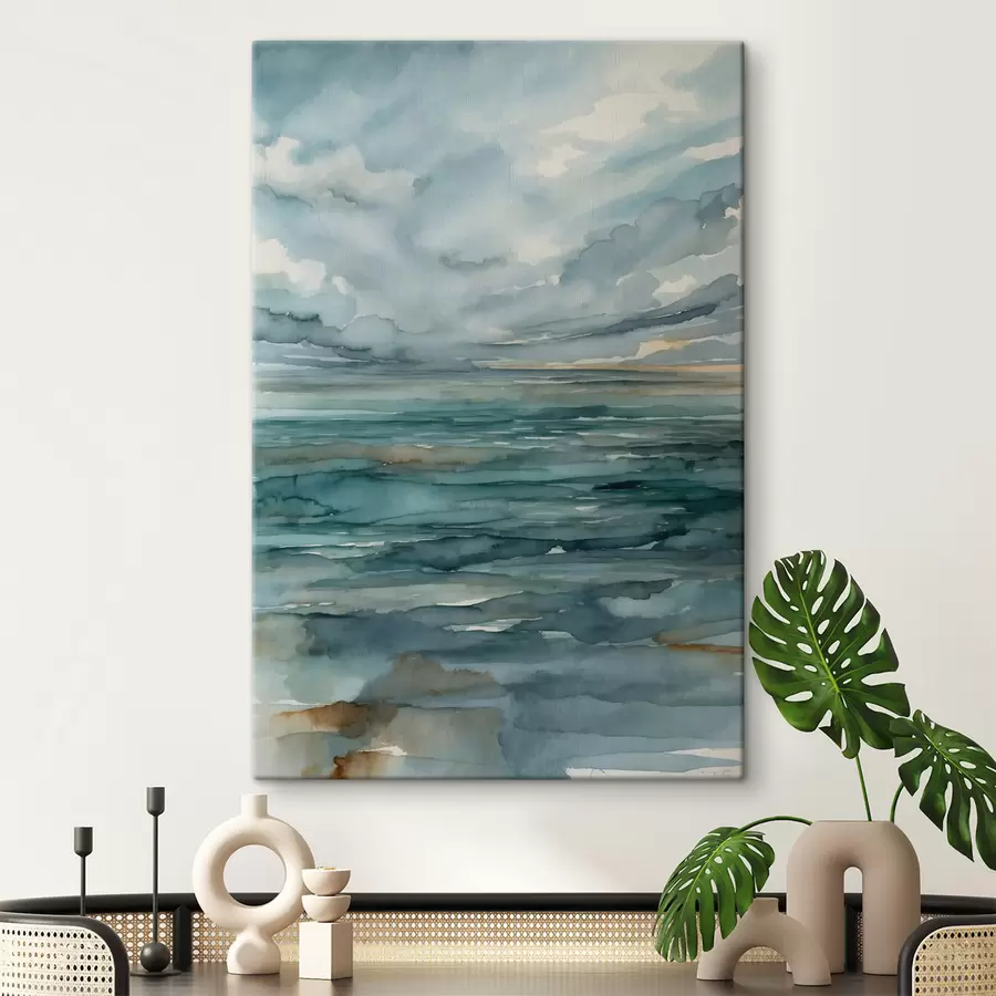 Tableau Aquarelle représentant une mer calme sous un ciel nuageux s48824