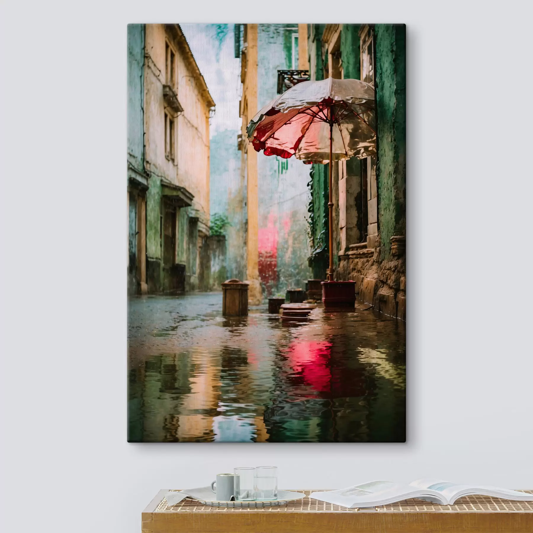 Tableau Réaliste : rue pluvieuse avec un parapluie et des reflets s48829