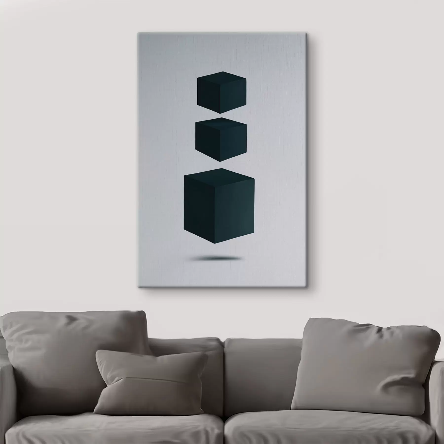Tableau Minimalisme : trois cubes sombres flottant dans l'espace s48830