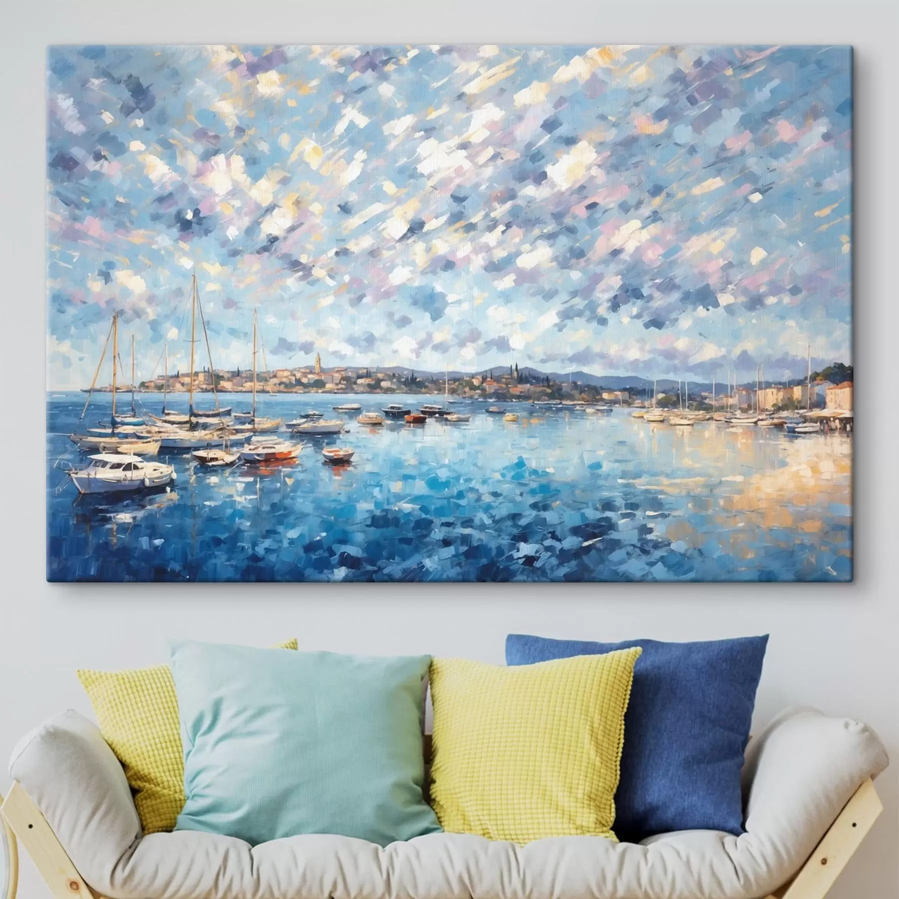 Tableau Port impressionniste avec des bateaux et une ville s48831