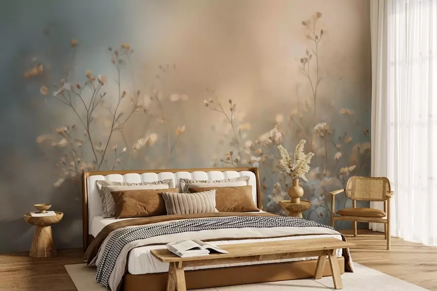 Papier peint des herbes des champs aux petites fleurs, mises en valeur par une faible profondeur de champ w05386