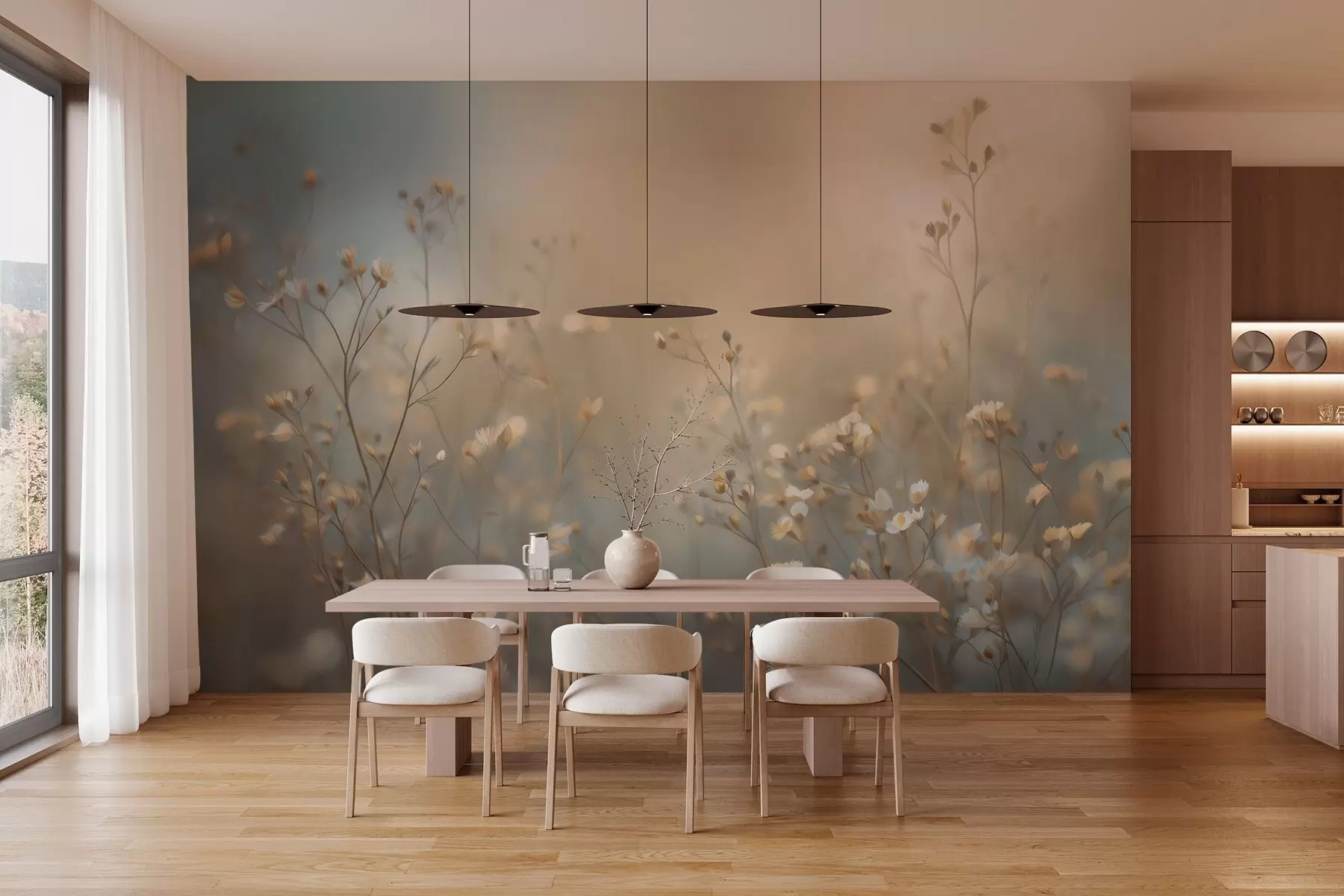 Papier peint des herbes des champs aux petites fleurs, mises en valeur par une faible profondeur de champ w05386